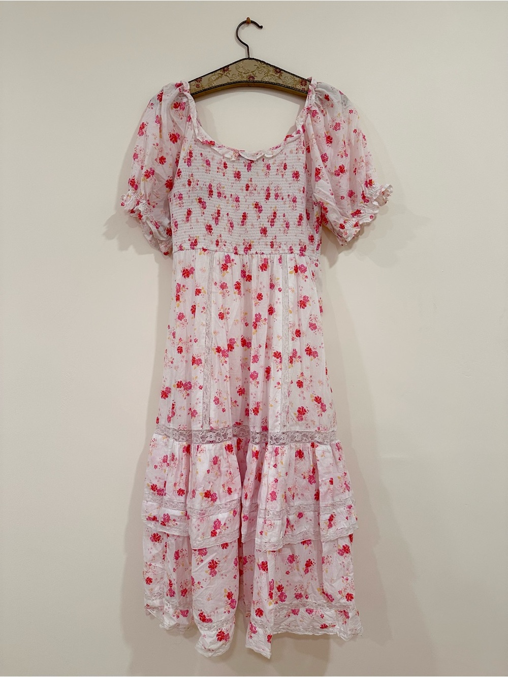 Loveshack Fancy for Target CosetteWhite Floral Tiered Puff Sleeve Midi Dress SzM - Picture 3 of 9